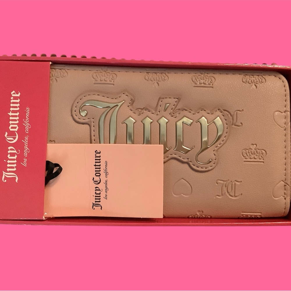 Juicy Couture Liquid Gold Logo Zip Around Wallet. Bag charm & original box/tag.